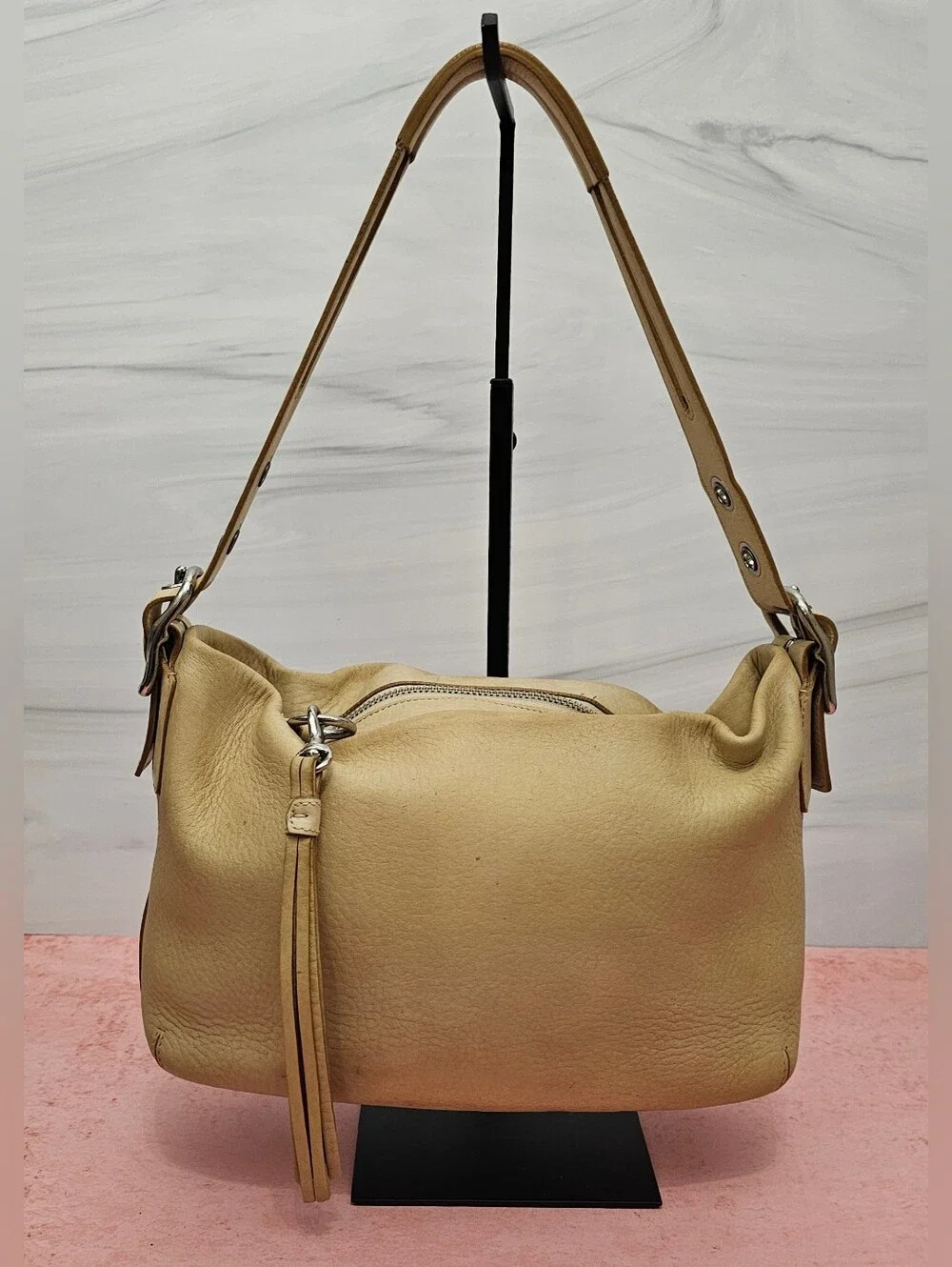 Coach Style 1429 Cream Pebbled Leather Hobo Shoulder Bag Tassel Adjustable Strap